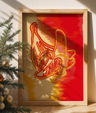 Abstract banana art with vibrant red and orange hues