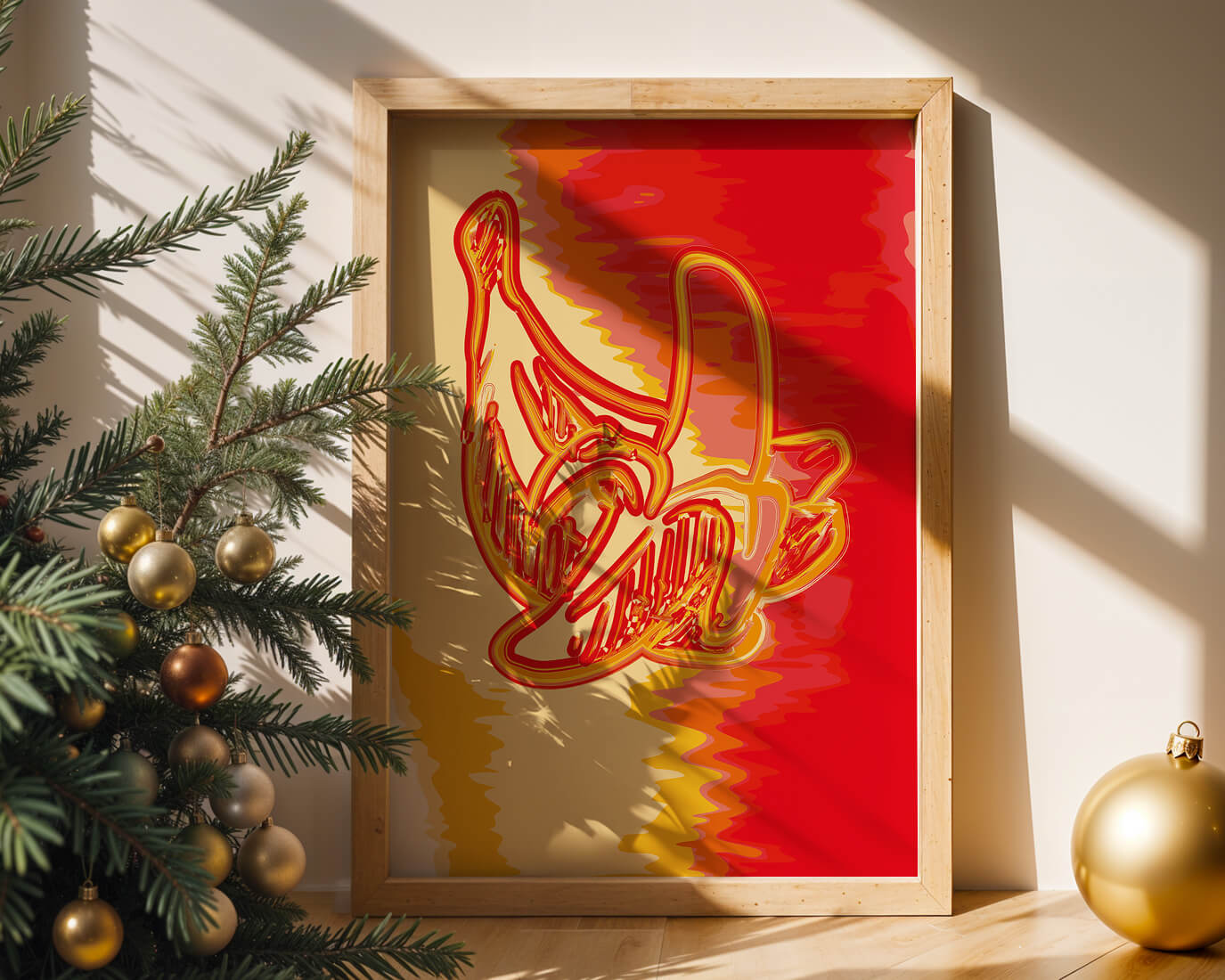 Abstract banana art with vibrant red and orange hues