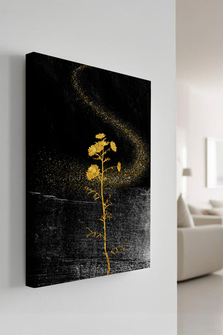 Golden Flowers on Black Background with Sparkling Dust