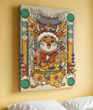 Bunte Illustration eines niedlichen Tieres in traditioneller Festtagskleidung mit goldenen Elementen