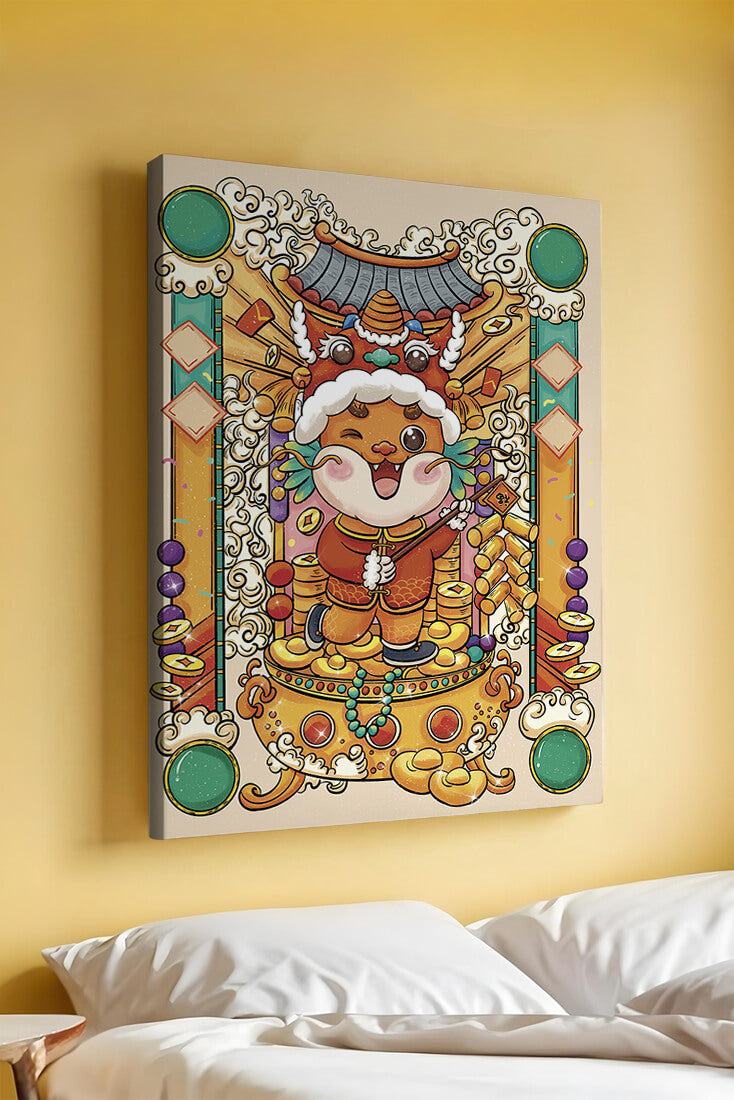 Ilustración colorida de un animal lindo en atuendo festivo tradicional con elementos dorados