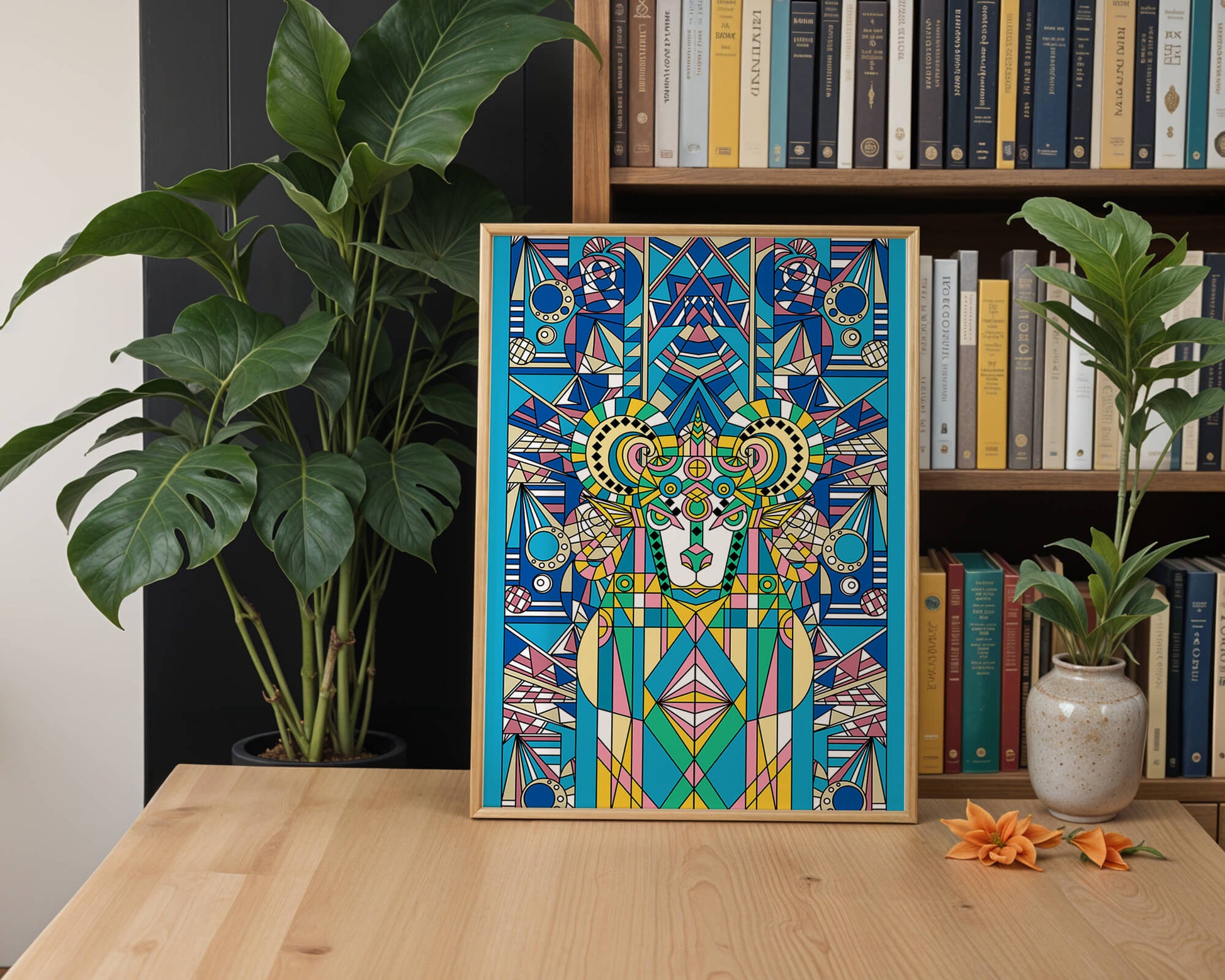 Geometrische Widder-Illustration in lebendigen Farben