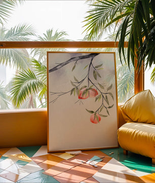 Peaceful Botanical Illustration of Branches with Leaves and Peaches - Mi tienda