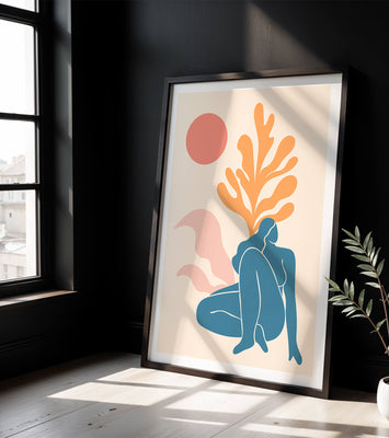 Abstract Nude Figure in Minimalist Design with Botanical Elements