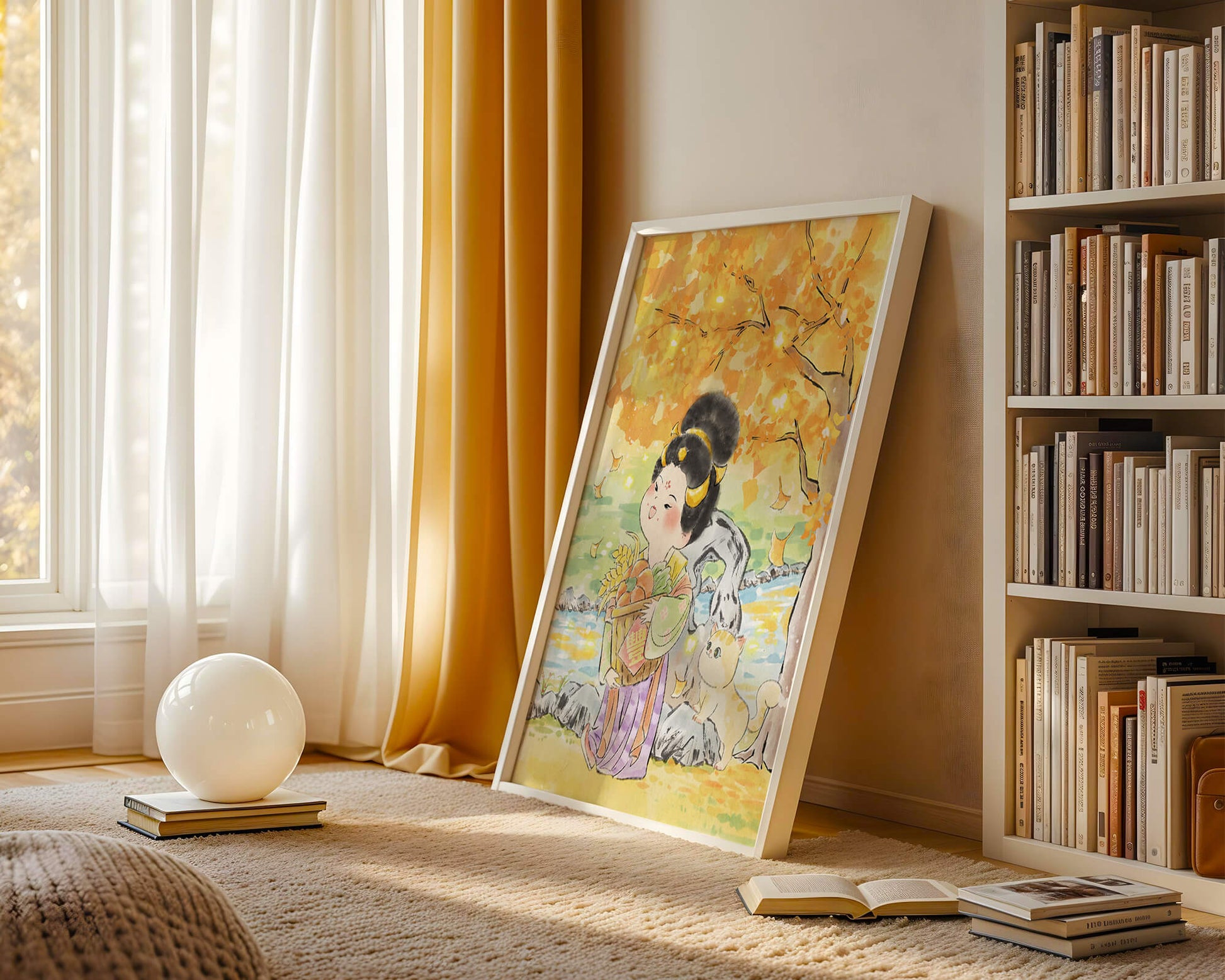 Charming watercolor scene of girl with basket in autumn setting