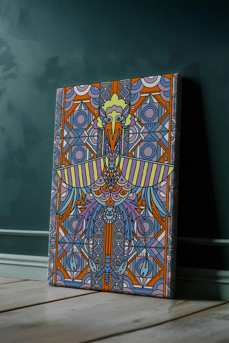 Arte geométrico de aves con patrones coloridos y detalles intrincados