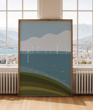 Wind Turbines on Rolling Hills Against a Clear Blue Sky