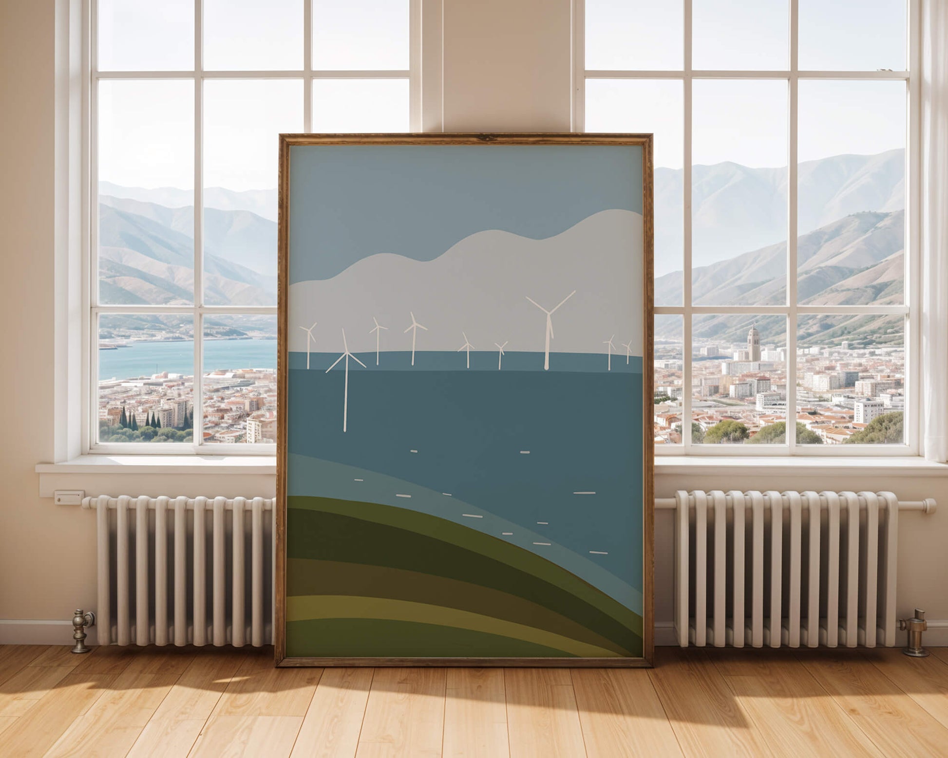 Wind Turbines on Rolling Hills Against a Clear Blue Sky