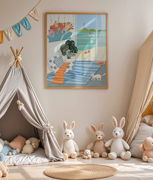 Habitación acogedora con vista al mar y faro a través de la ventana