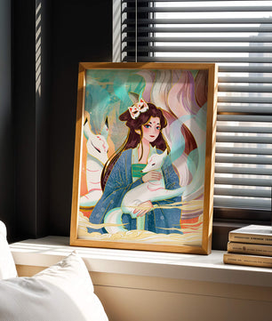 Œuvre de fantasy élégante mettant en scène une figure mystique accompagnée de renards et de couleurs vibrantes