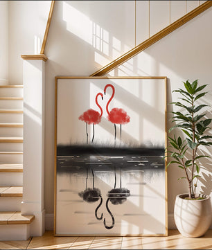 Flamencos elegantes reflejándose en el agua con un contraste artístico