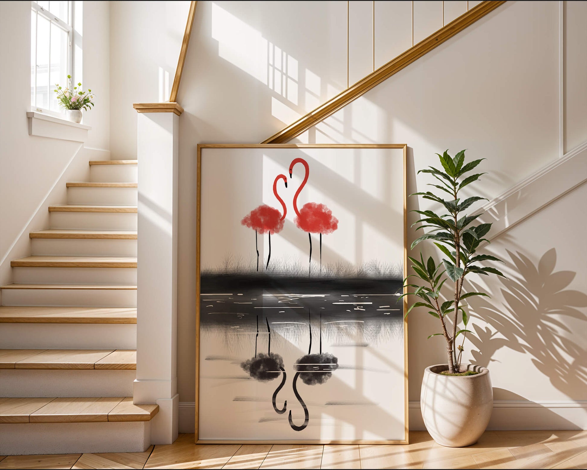 Flamencos elegantes reflejándose en el agua con un contraste artístico
