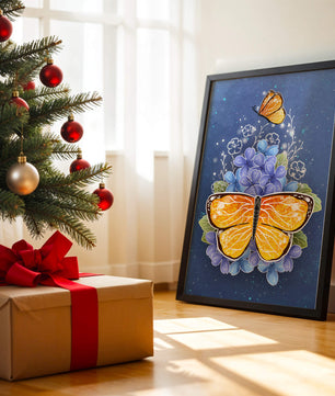 Colorida ilustración de mariposa y flores azules