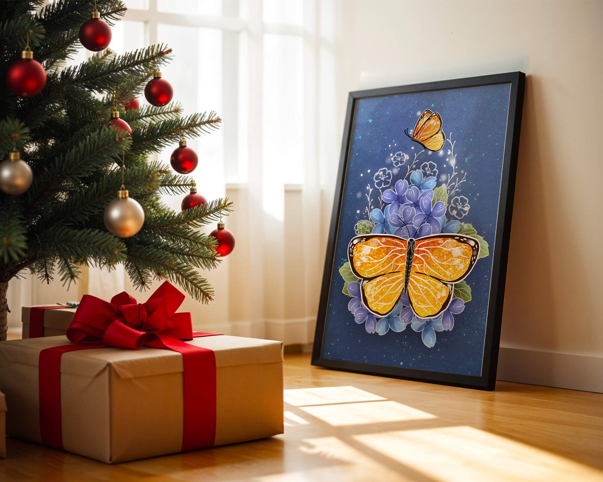 Colorida ilustración de mariposa y flores azules