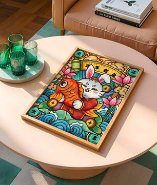 Festive rabbit holding golden fish with lotus flowers and waves in a traditional design