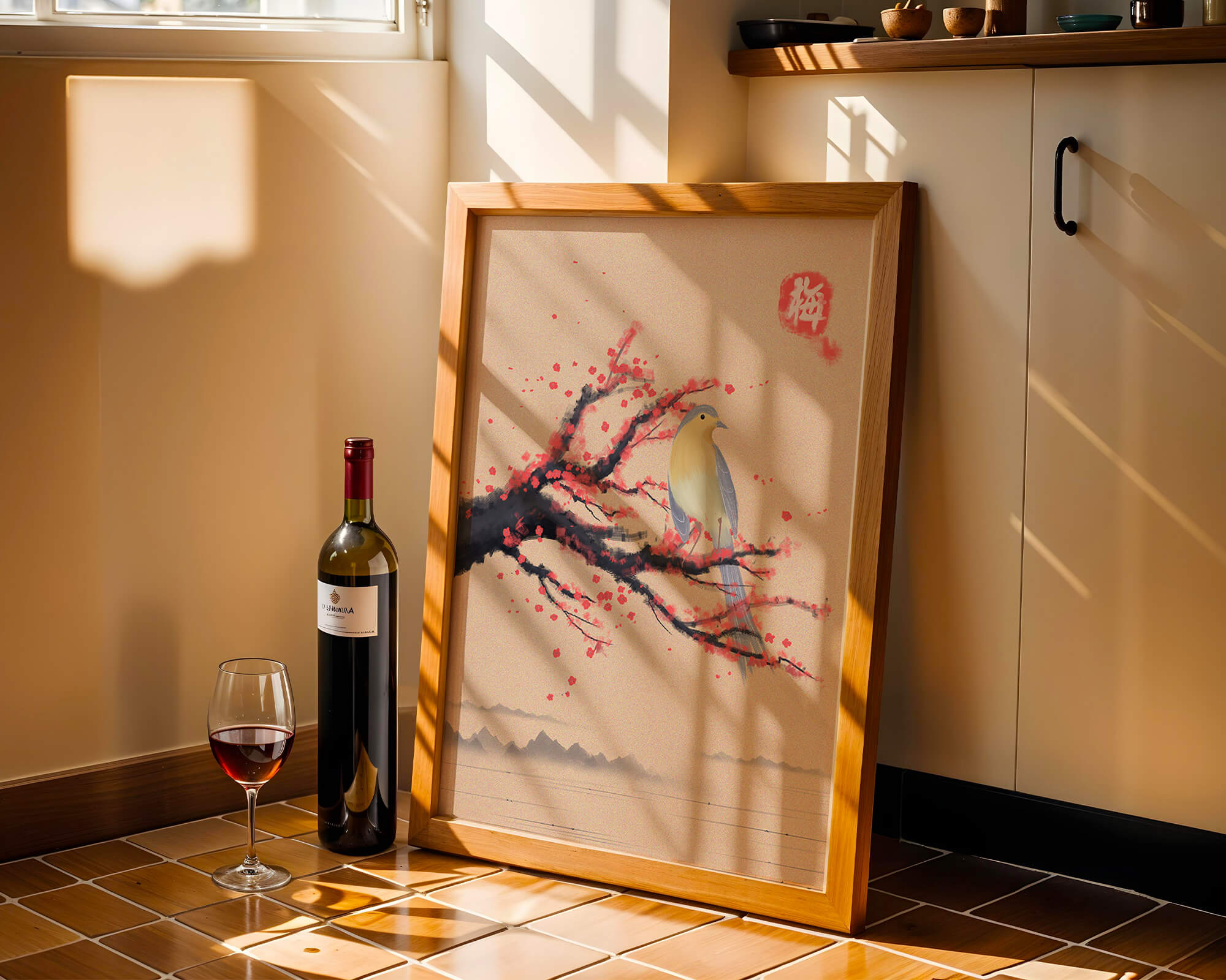 Serene bird on cherry blossom branch in traditional Asian art style
