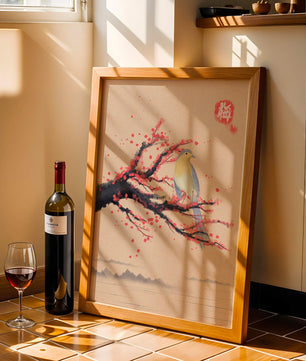 Oiseau serein sur une branche de cerisier dans le style artistique asiatique traditionnel