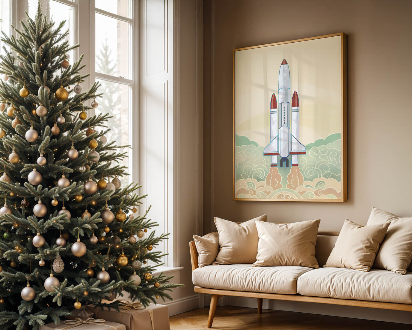 Colorful rocket launch from vintage-style clouds