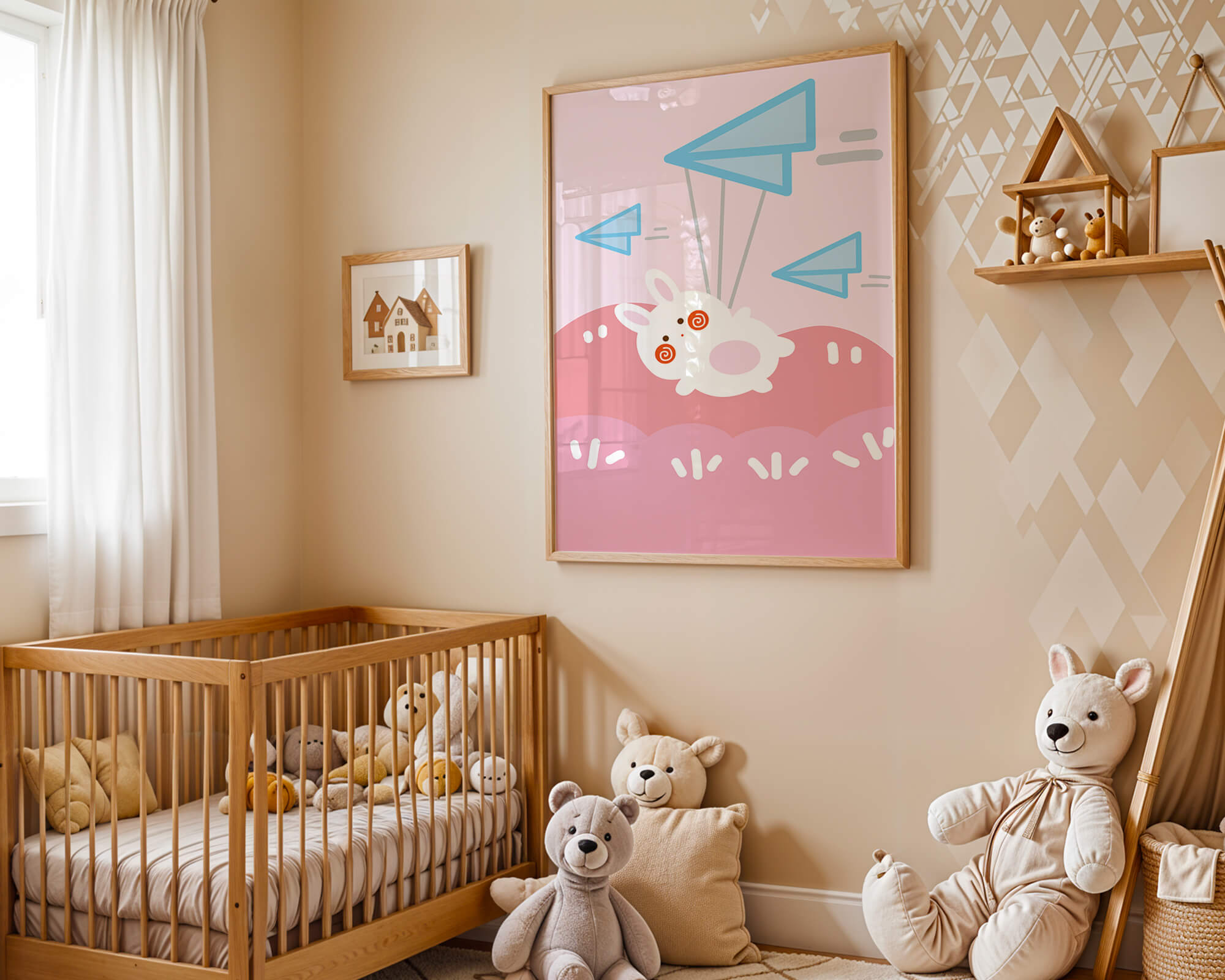 Adorable cartoon bunny flying with paper planes on a pink background