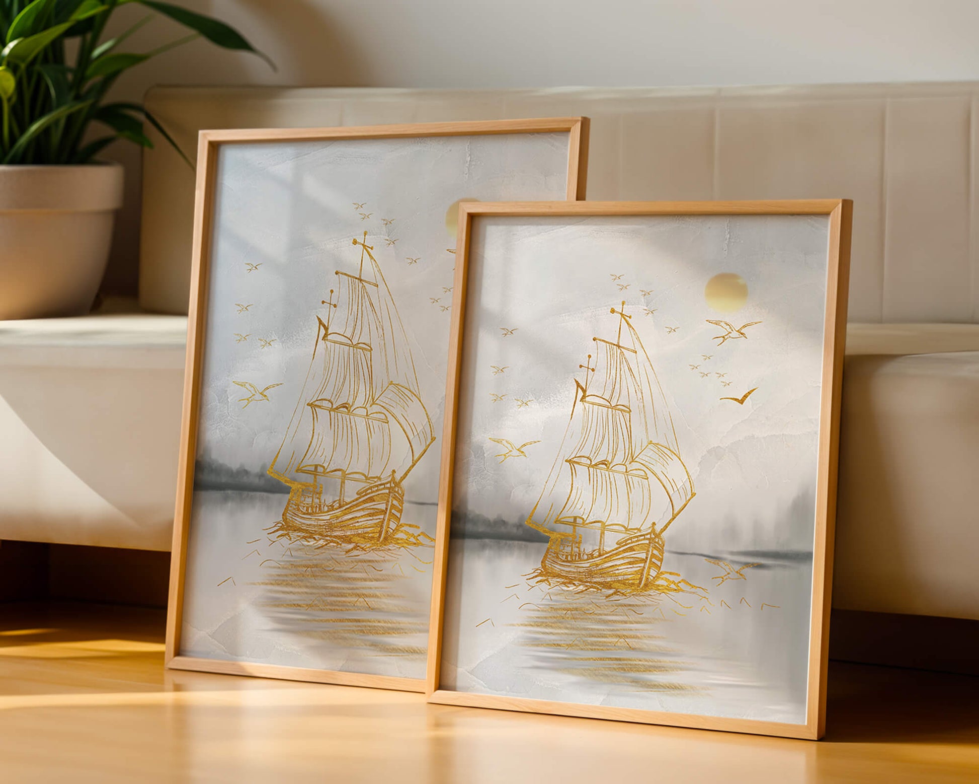 Serene nautical scene with golden sailboat at sea