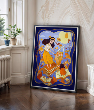 Whimsical illustration with woman and child among books and flowers