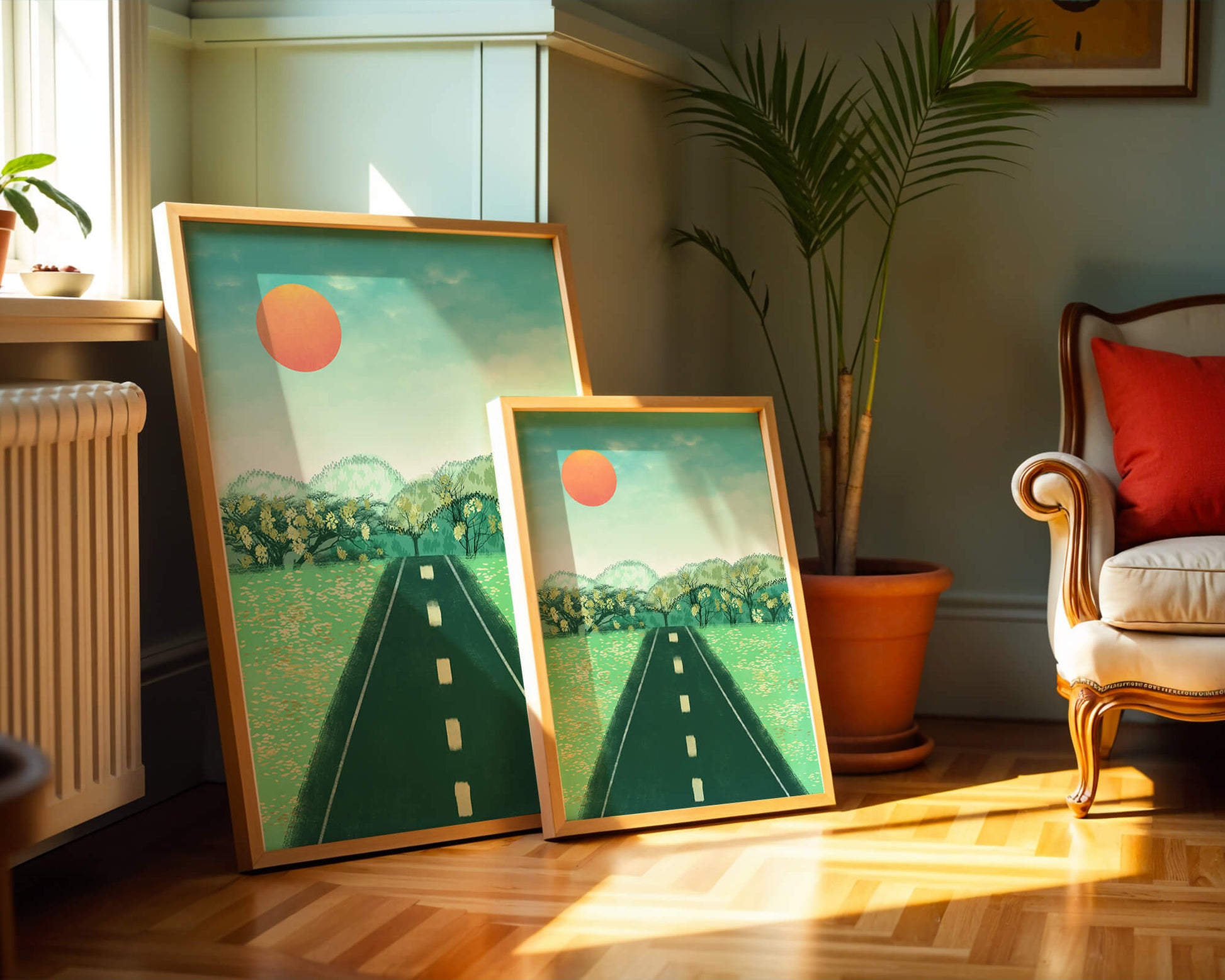 Serene Landscape with Road Leading to Sunset and Lush Greenery