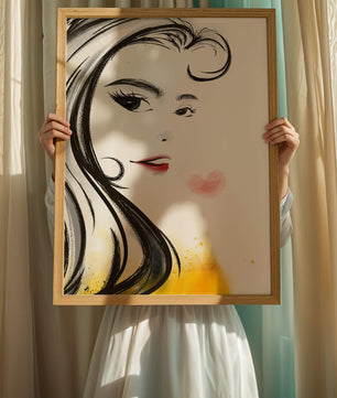 Dibujo de retrato elegante con labios rojos y motivo de corazón