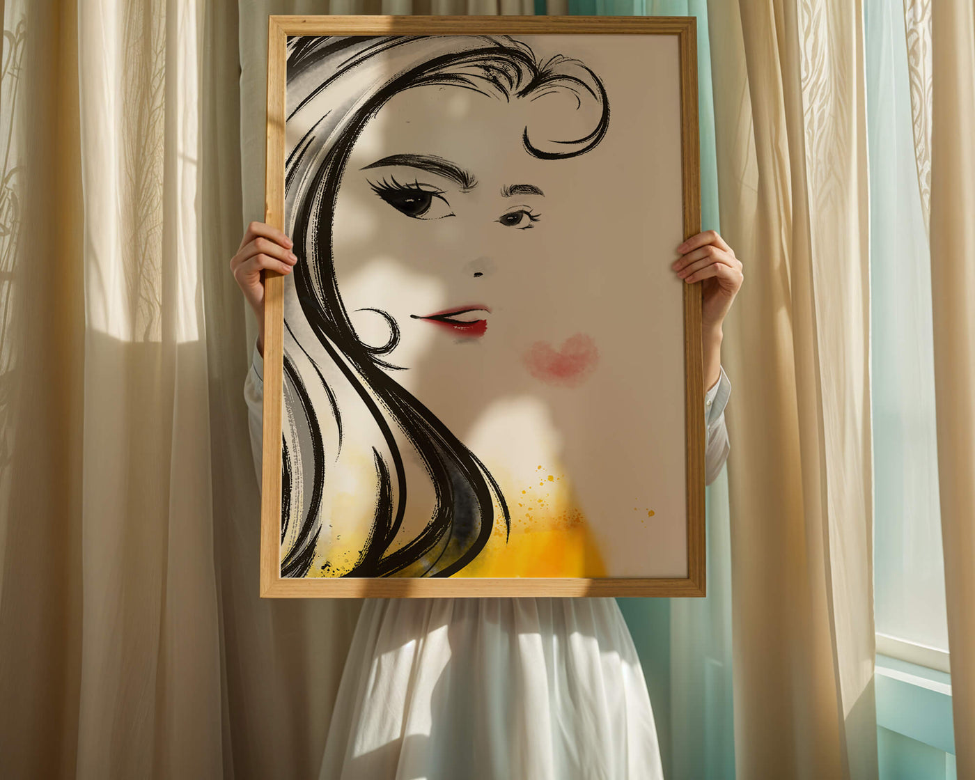 Elegant portrait sketch with red lips and a heart motif