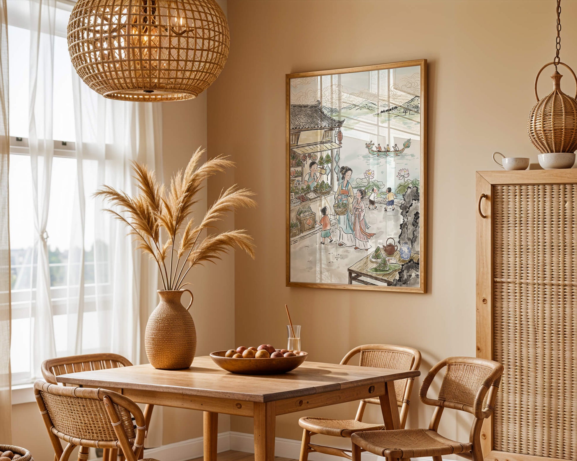 Escena tradicional del mercado chino con carreras de botes dragón