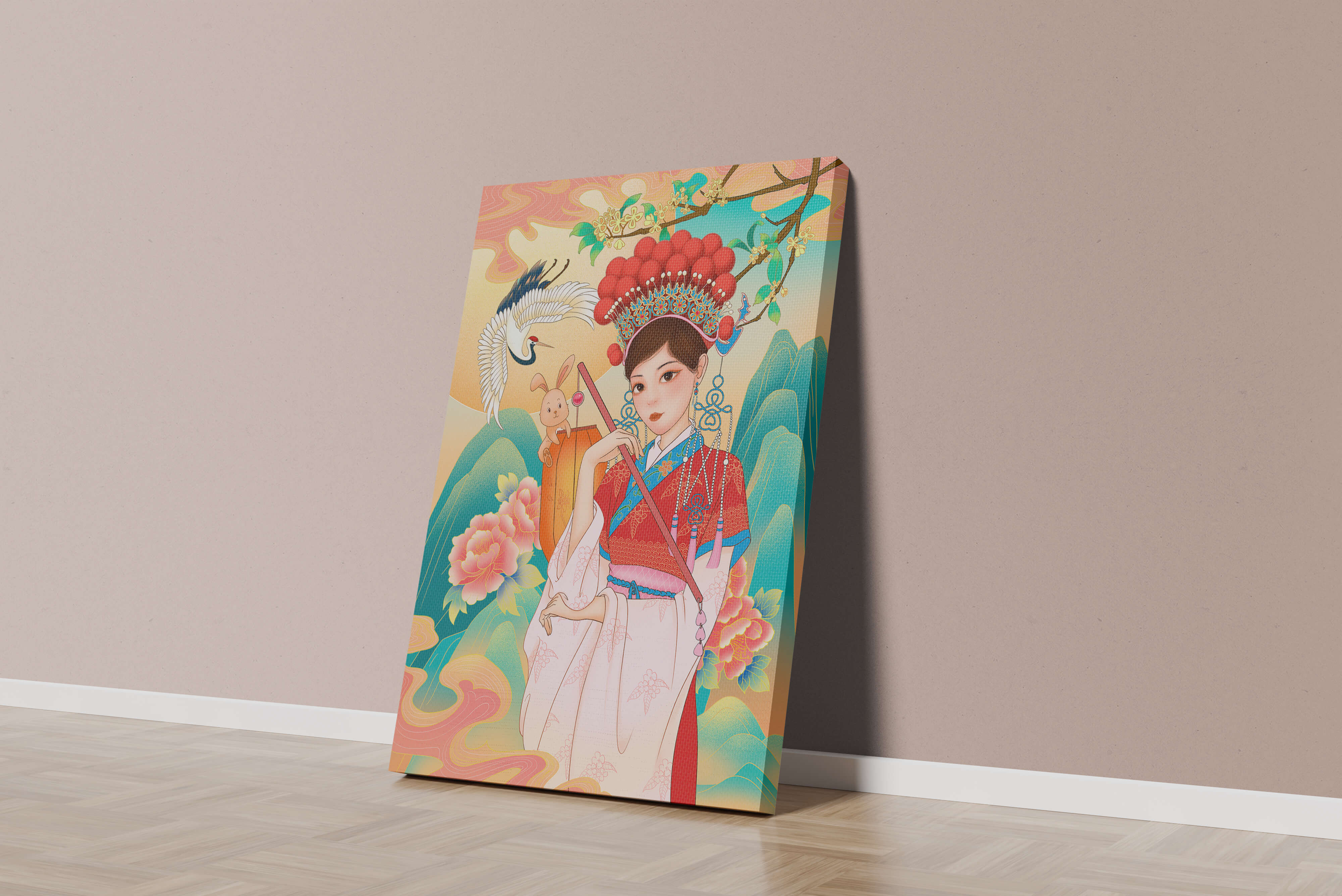 Elegant traditional Chinese illustration featuring a woman in vibrant attire with floral and animal motifs