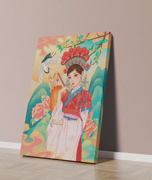 Elegante traditionelle chinesische Illustration mit einer Frau in lebendiger Kleidung mit Blumen- und Tiermotiven
