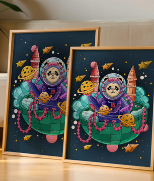Whimsical space panda illustration with planets and stars