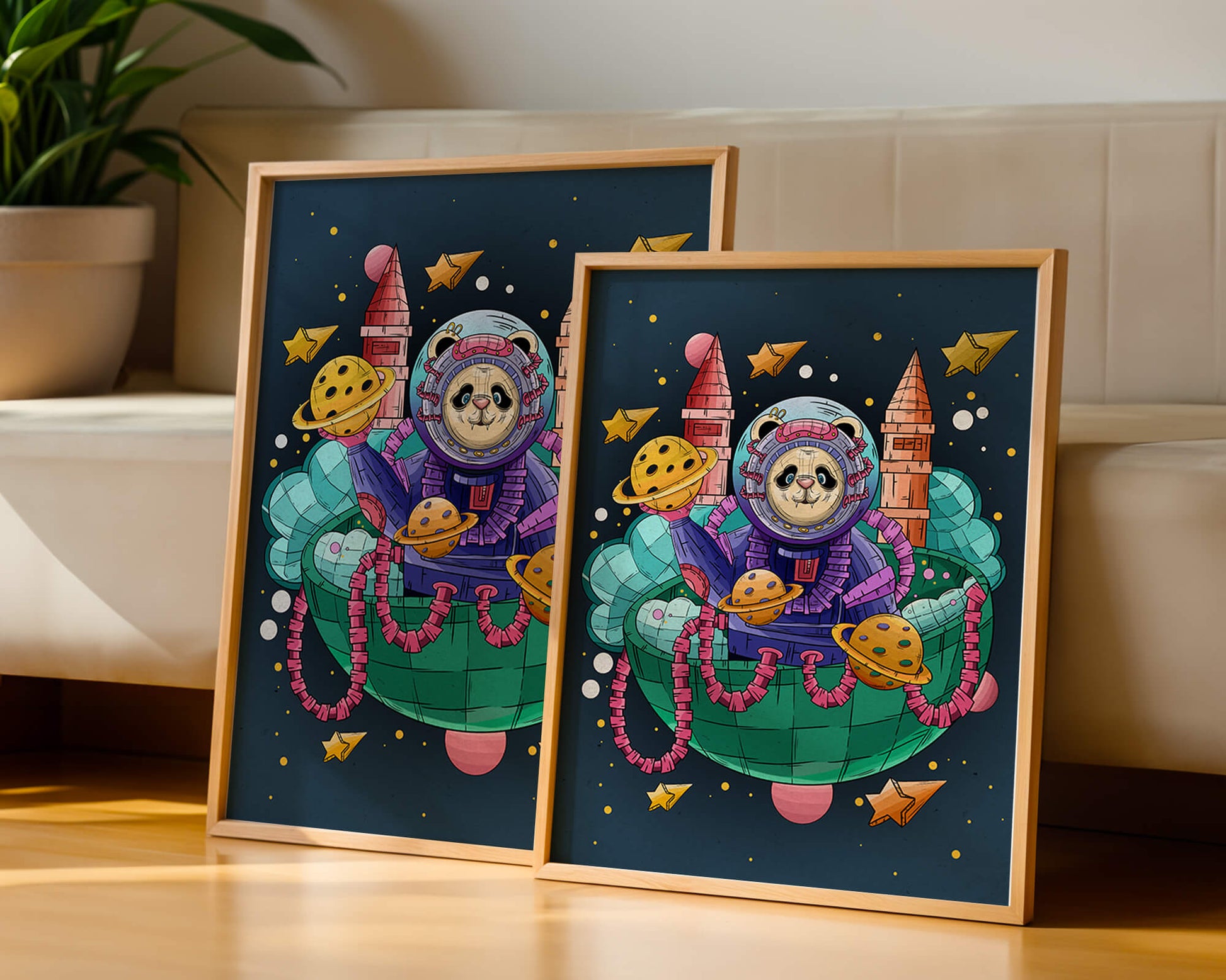 Whimsical space panda illustration with planets and stars