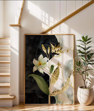 Diseño floral abstracto con detalles dorados y oscuros