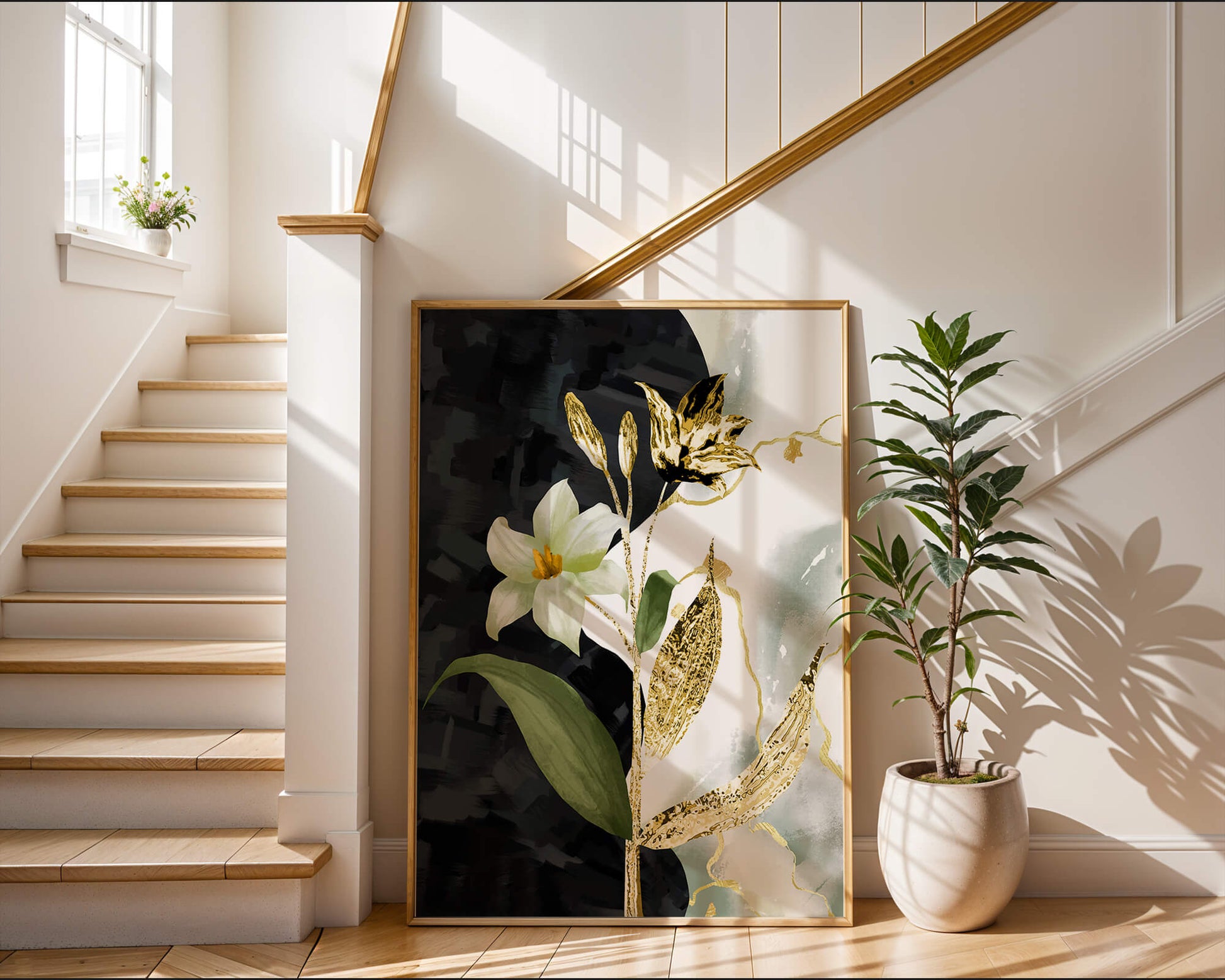 Diseño floral abstracto con detalles dorados y oscuros