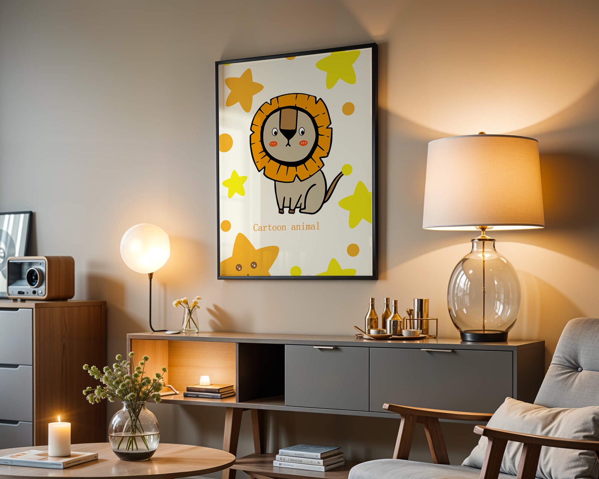 Cute cartoon lion illustration with stars for children's room