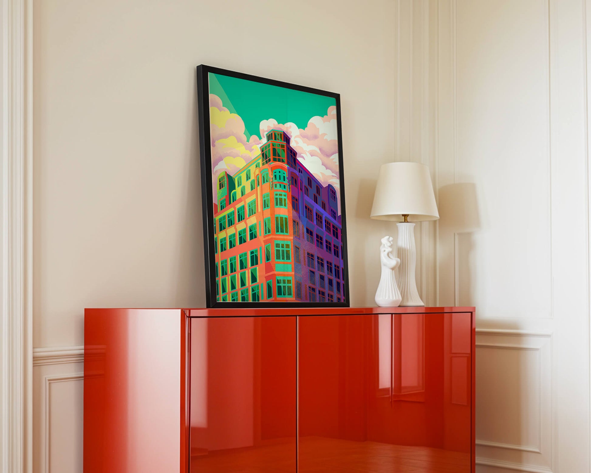 Colorful geometric building with vibrant sky