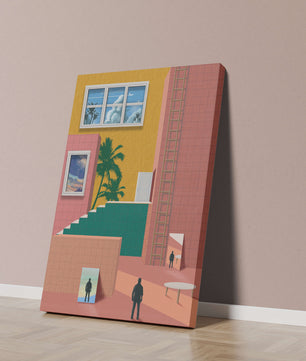 Surreale Architekturlandschaft mit tropischen Elementen und abstrakten Figuren
