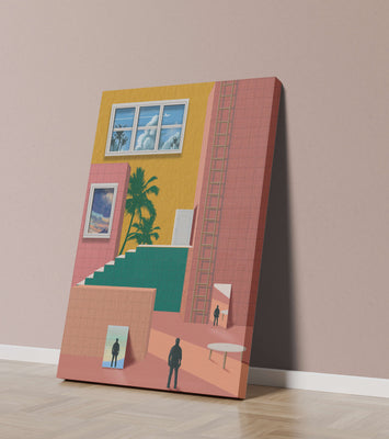 Surreal architectural landscape with tropical elements and abstract figures