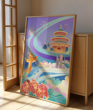 Colorful futuristic landscape with traditional Chinese architecture and high-speed train