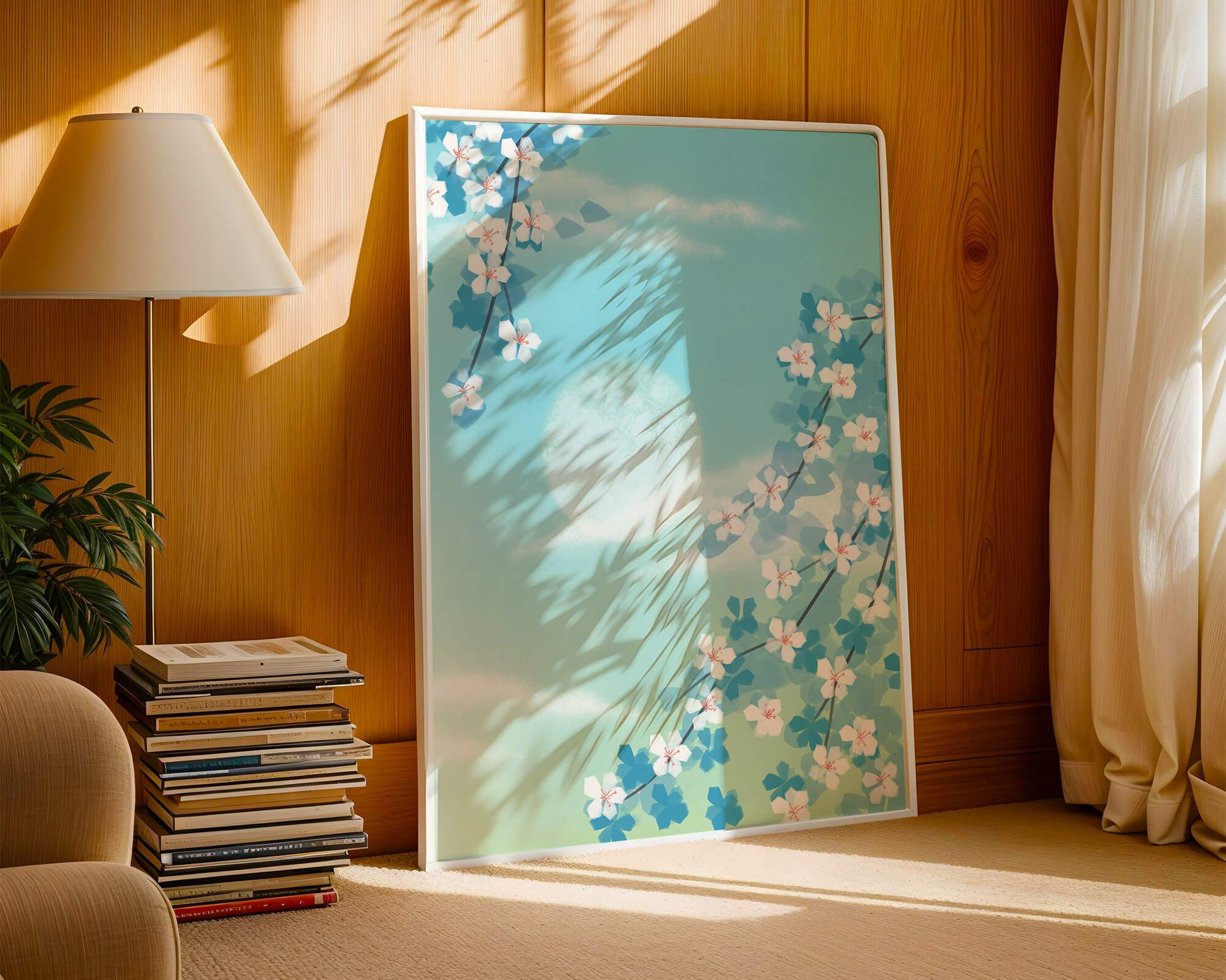 Serene spring blossoms against a pastel sky with gentle sunlight