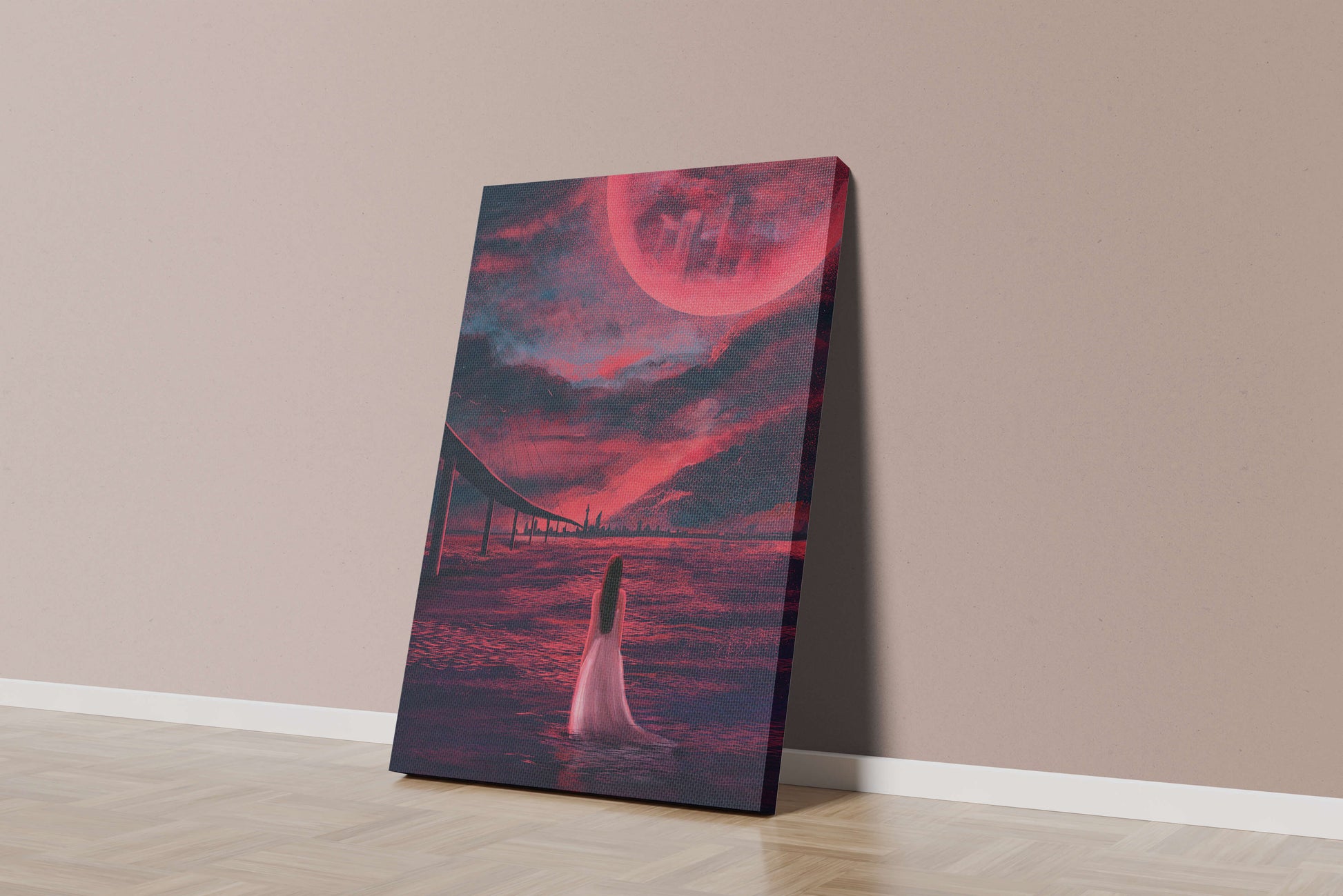 Dreamlike landscape with bridge and red night sky
