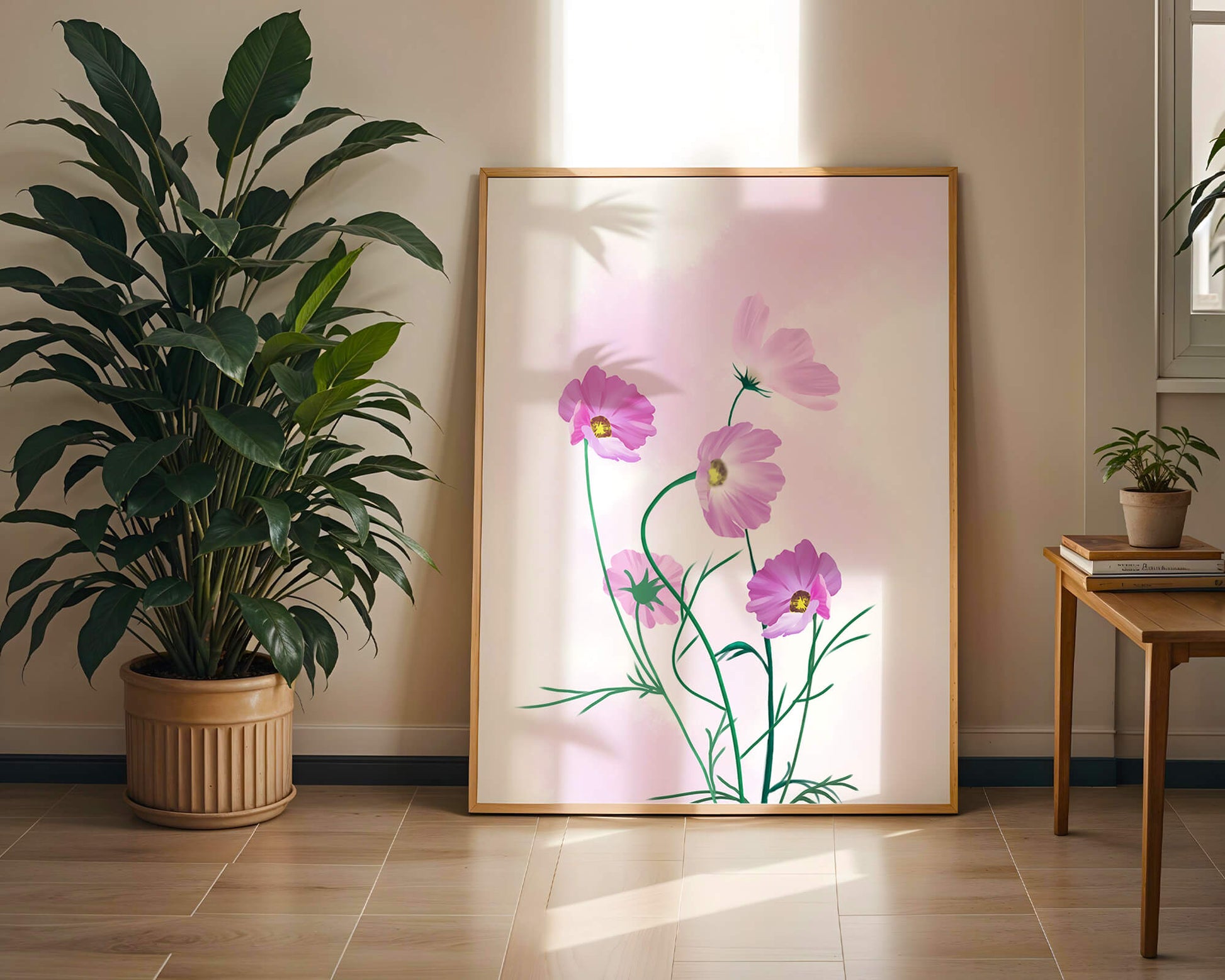 Digital illustration of pink cosmos flowers against a soft pastel background