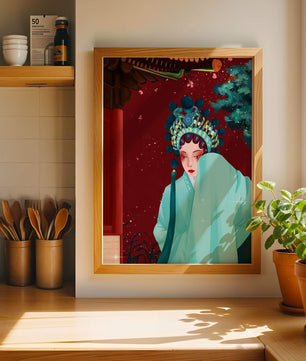 Traditional Asian art with elegant woman in traditional attire