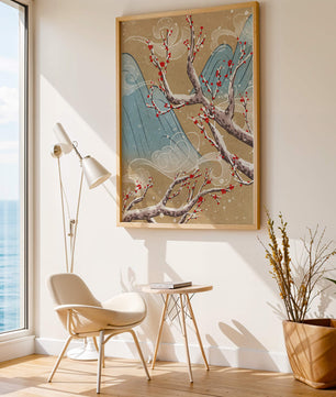 Traditional Japanese landscape with blooming cherry branches