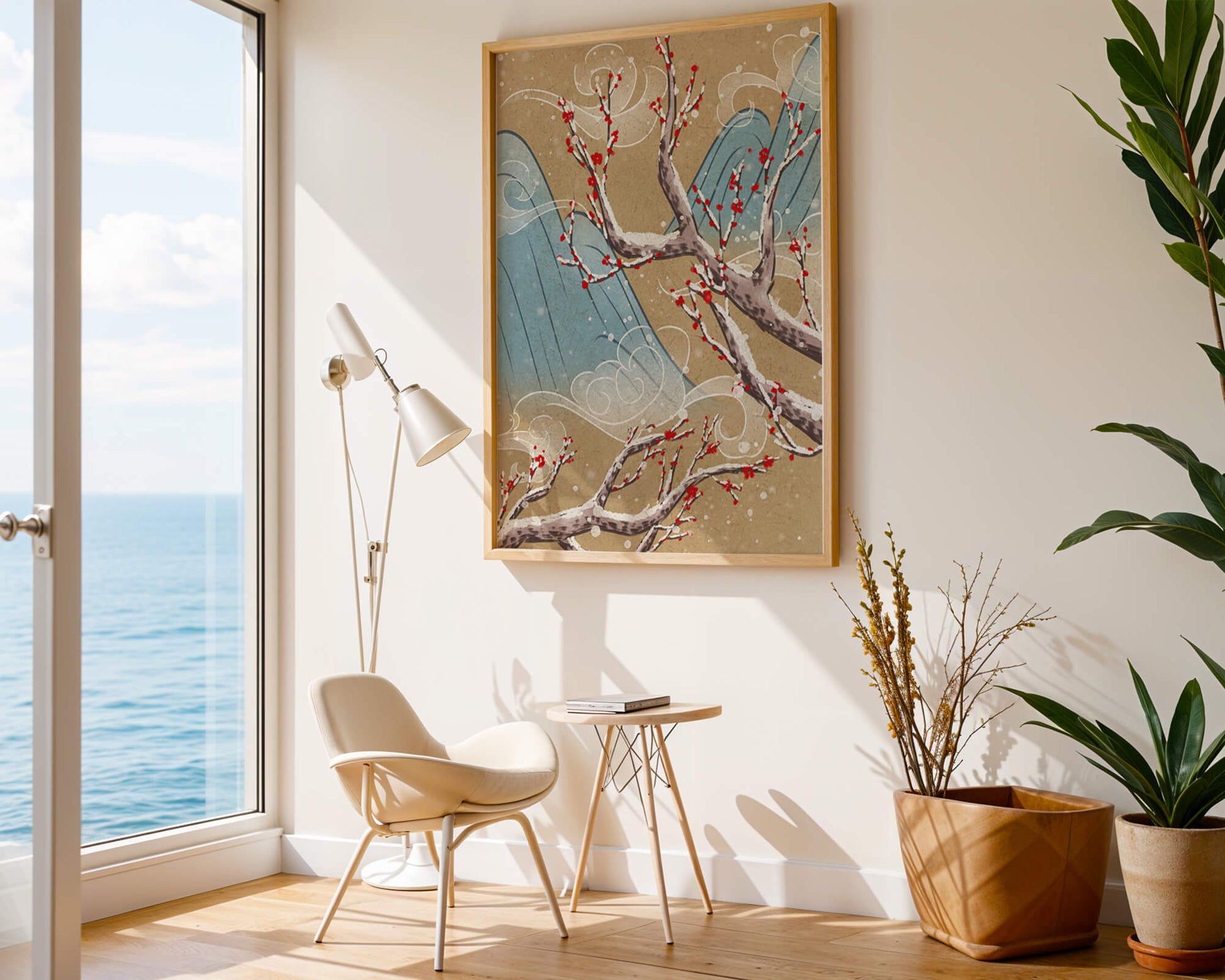 Traditional Japanese landscape with blooming cherry branches