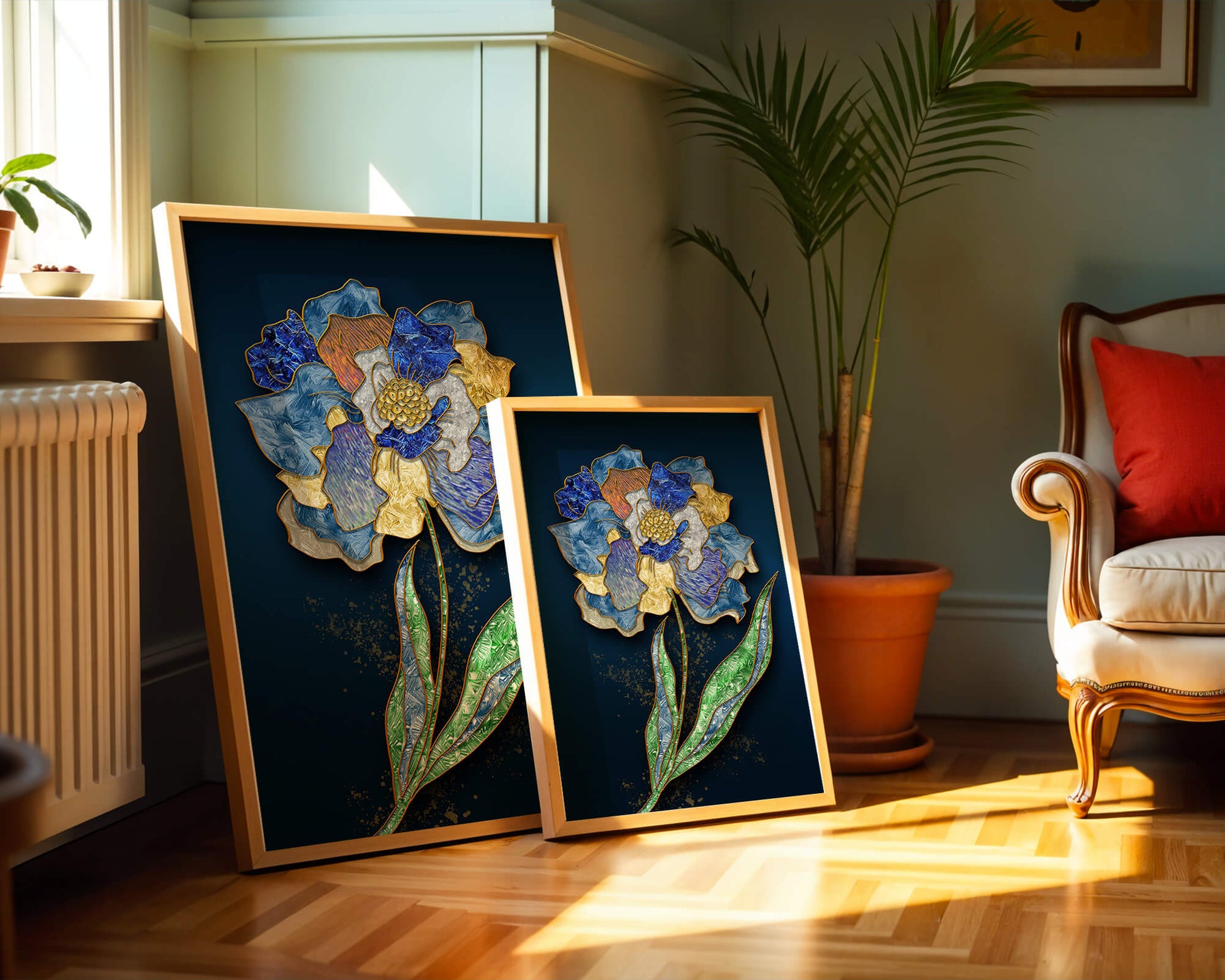 Diseño floral texturizado y colorido con contornos dorados sobre fondo oscuro
