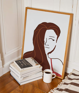 Ilustración estilizada de una mujer con cabello fluyendo y diseño minimalista