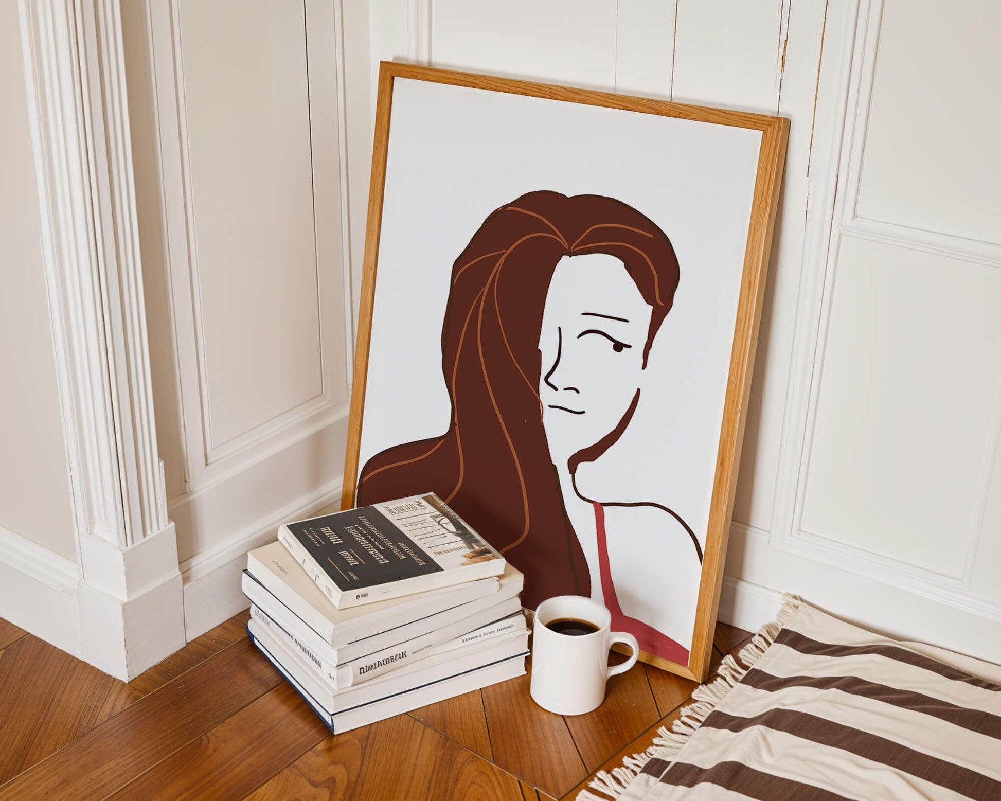 Ilustración estilizada de una mujer con cabello fluyendo y diseño minimalista
