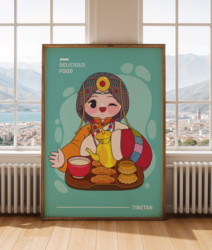 Charmanter tibetischer Charakter mit traditioneller Lebensmittelillustration
